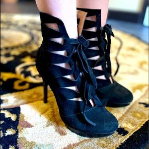 💋SEXY STRAPS Galore Black Suede High Heel Booties